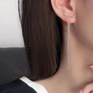 925 Sterling Silver Thin Long Chain Tassel Drop Bar Earrings